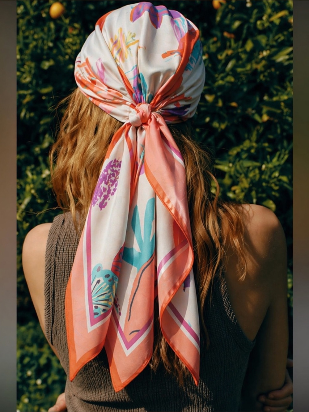 Zara White/Orange Printed Satin Scarf.